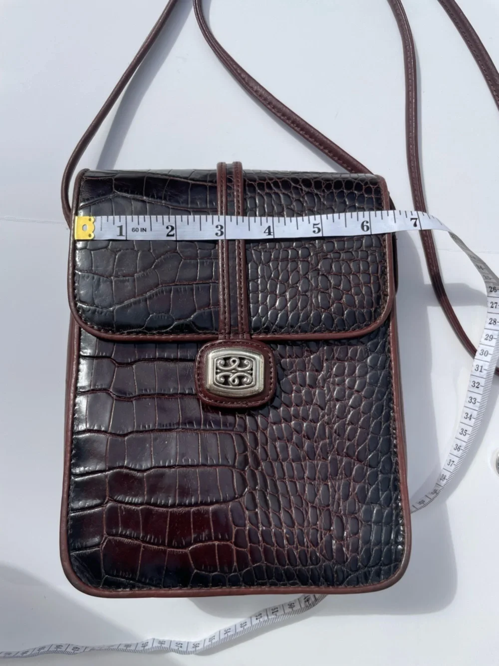 Vintage Brighton One World Saddle Bag Crossbody Brown Croc Embossed Leather